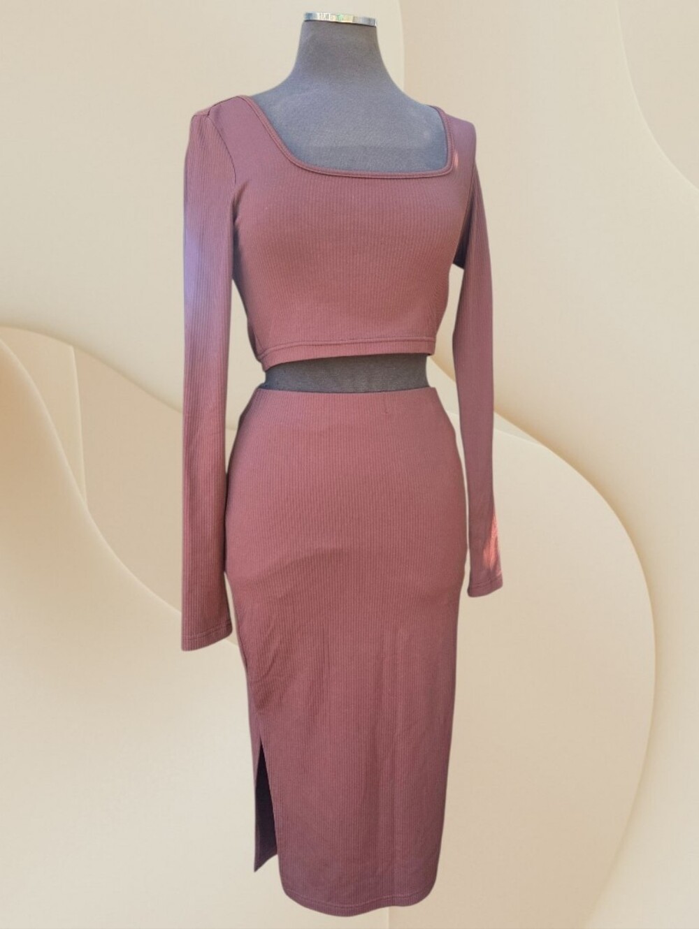 Women's Ribbed Two-Piece Skirt Set in Chocolate Brown